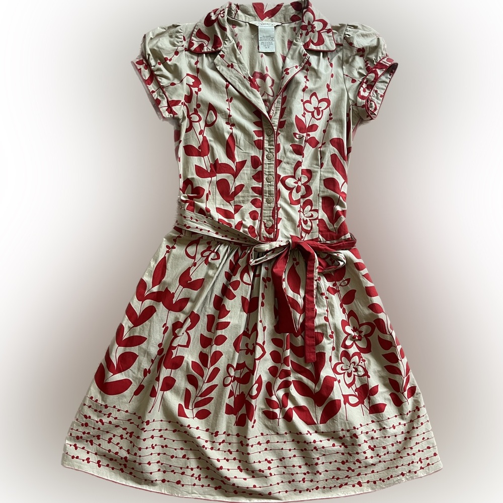 Speeckless Floral Shirt Dress Beige & Red Short Puff Sleeves Size 5 Button Front